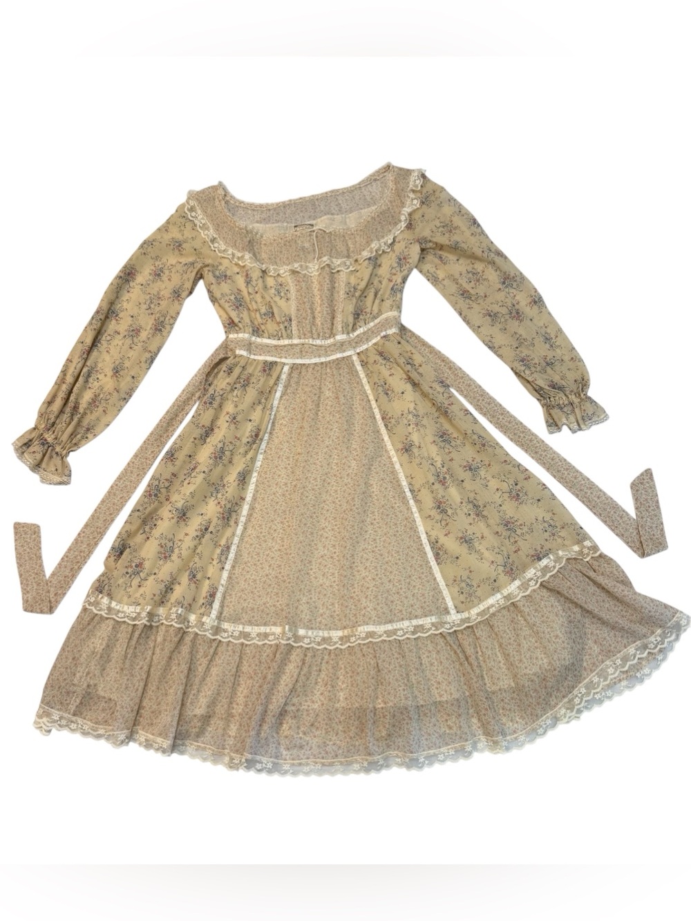 Vintage 70s Gunne Sax Jessica Gold Label Prairie Floral Calico Lace Trim Dress 9